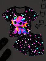Girl's Glow in The Dark Cartoon Dinosaur Print Tee & Elastic Waist Shorts Two-piece Set, Cute Casual Round Neck Short Sleeve ...
