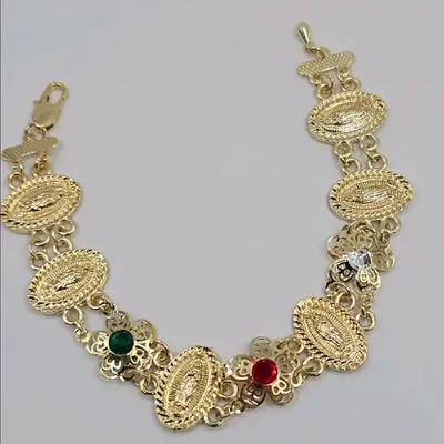 BRACELET WITH VIRGIN MARY flowers style with colors stones gold-plated 7\