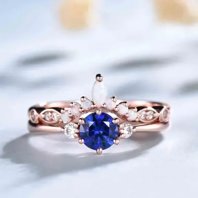 Sapphire Selene Diamond Ring And Opal Stackable Band 2pcs