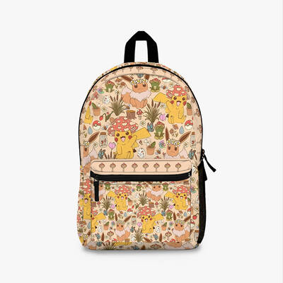 Pika And Eevee Pkm Backpack, Cottagecore Boho Mushroom Pkm, Retro Vintage Colors, Pika School Bag
