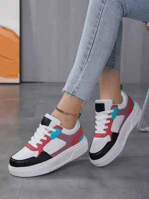 Women's 1 Pair Colorblock Patchwork Design Lace up Platform Sneakers, Lightweight Breathable Comfortable Sports Running Shoes...