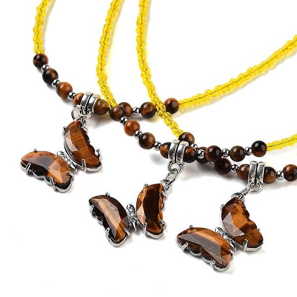 Natural Tiger Eye Faceted Butterfly  Pendant Necklaces
