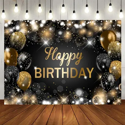 Aperturee Glitter Bokeh Black Gold Balloon Birthday Backdrop