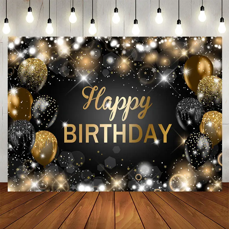 Aperturee Glitter Bokeh Black Gold Balloon Birthday Backdrop