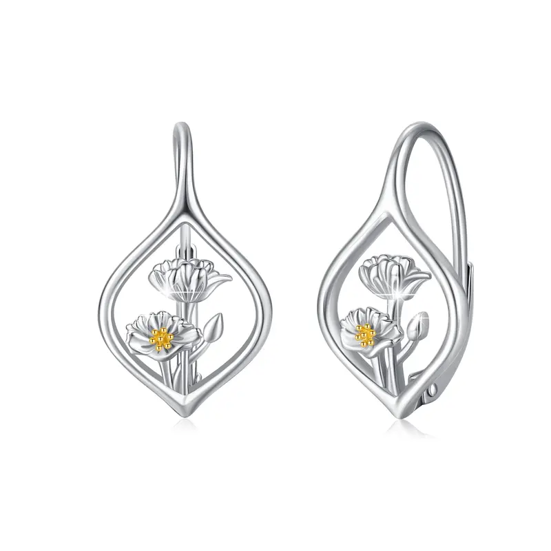 Sterling Silver Two-tone Birth Flower Lever-back Earrings
