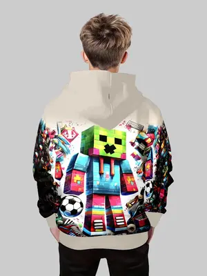 Boys' Fashion 3D Print Hoodie Sweatshirt, Casual Long Sleeve Pullover with Pockets, Stretch Polyester Blend, Ideal for Daily ...