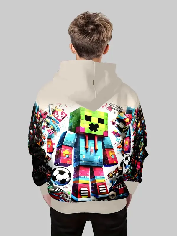 Boys' Fashion 3D Print Hoodie Sweatshirt, Casual Long Sleeve Pullover with Pockets, Stretch Polyester Blend, Ideal for Daily ...