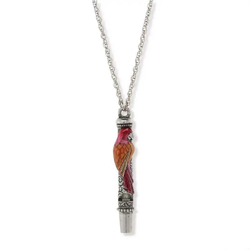 Pewter Orange and Red Enamle Parrot Whistle Necklace 30