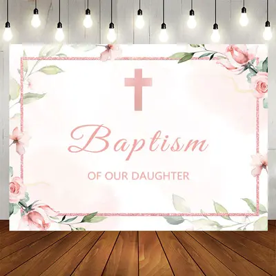 Aperturee Baptism of Our Daughter Pink Floral Backdrop Girl