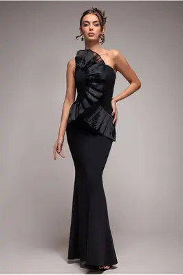 Goddiva One Shoulder Pleated Fan Maxi Dress - Black