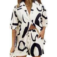 MNLYBABY Womens Hawaiian 2 Piece Tracksuit: Outfit Short Sleeve Button Down Shirt and Shorts Lounge Set