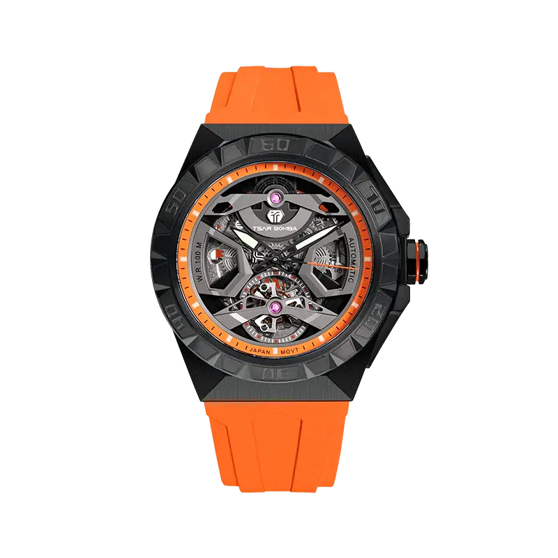 TSAR BOMBA Elemental Series Orange Men's Automatic Mechanical Watch 閳ワ拷Stainless Steel Bezel & Case, Skeleton Dial, Sap...