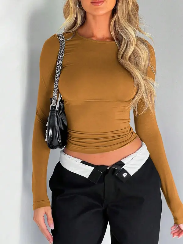 Women's Solid Long Sleeve Crop Tee, Basic Crew Neck T-shirt, 2024 Trendy Outfits, Ladies Spring & Summer Clothes