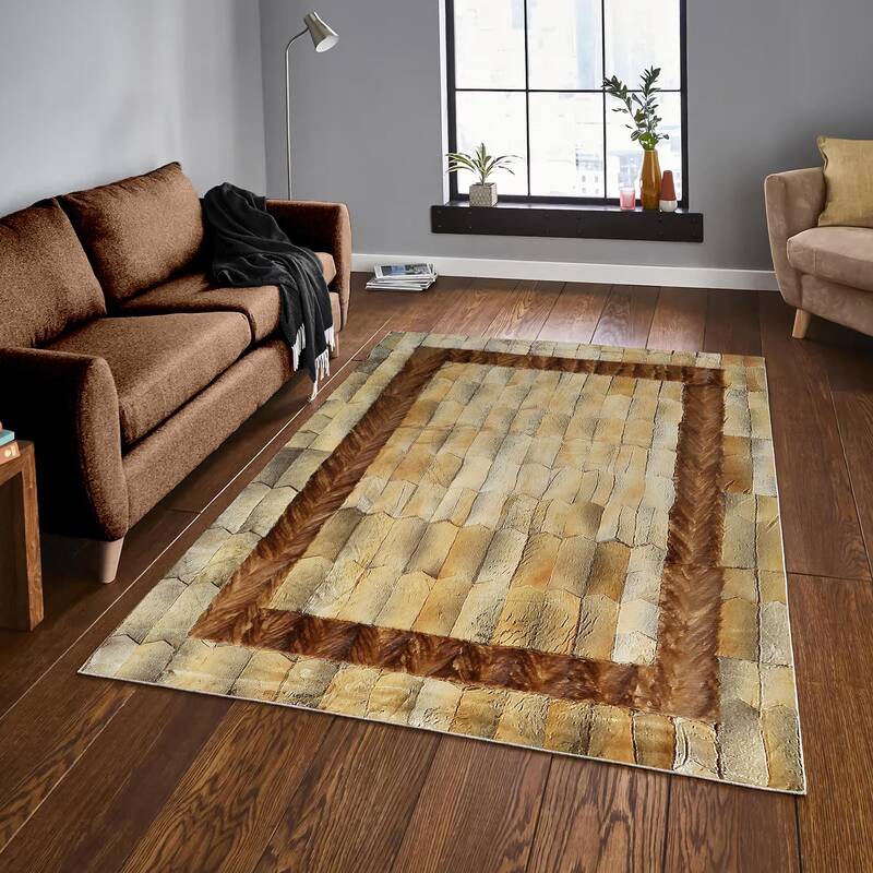 Light Brown Goat Skin Rug with Dark Brown Frame