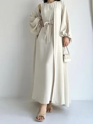 Arabic Clothing-Women's Plain Lantern Sleeve Abaya & Sleeveless Belted Tank Dress without Hijab, Elegant Long Sleeve Open Fro...