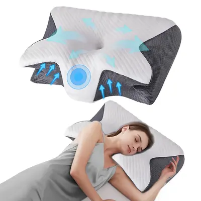 Two-way design with two different heights, memory foam pillow for neck and shoulder relaxation, and contoured armrests for si...
