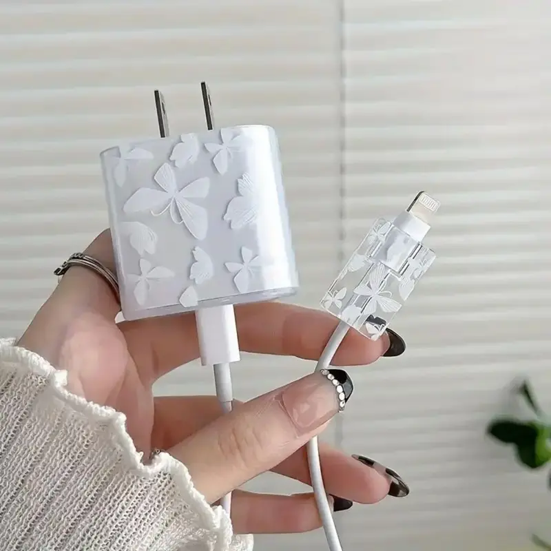 Butterfly Pattern Charger Cable Protector, Transparent 20W Charger Protective Cover Set, Anti-fall Charger Head & Charging C...