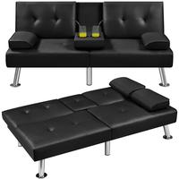 Yaheetech Faux Leather Convertible Futon Sofas& Sofa Bed with 2 Throw Pillows & Drop-down Cup Holders, 3-In-1 Adjustable Futo...