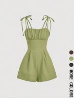 Women's Plain Tie Shoulder Romper, Casual Sleeveless Zipper Romper for Summer, Women's Clothes for Daily Wear, Clothing