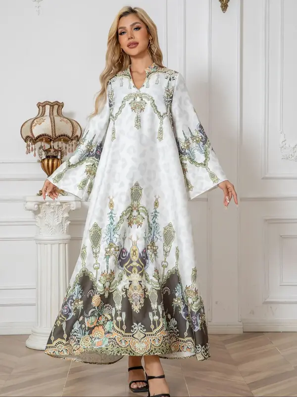 Elegant Women's V Neck Long Dress, Ethnic Print, Soft Stretch Fabric, Rhinestone Embroidery, All Seasons Jalabiya Style