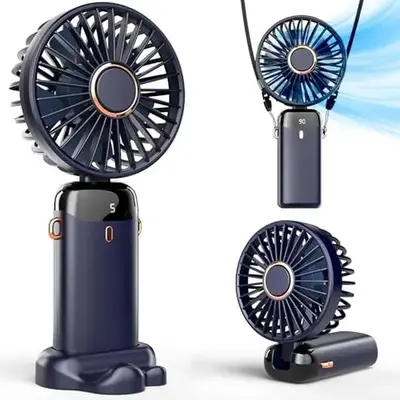 Portable Handheld Fan, Battery Operated Fan with Base, 8 Hours, Digital Display, 5 Speeds, 90° Ajustable, Rechargeable Mini ...