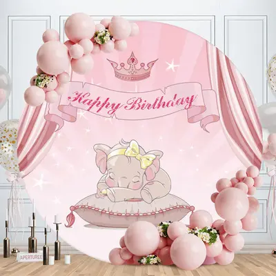 Aperturee Pink Sleep Elephant Glitter Round Birthday Backdrop
