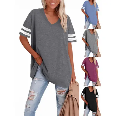 Plus Size Summer Women's Casual Striped Printed V-neck Short Sleeved T-shirt