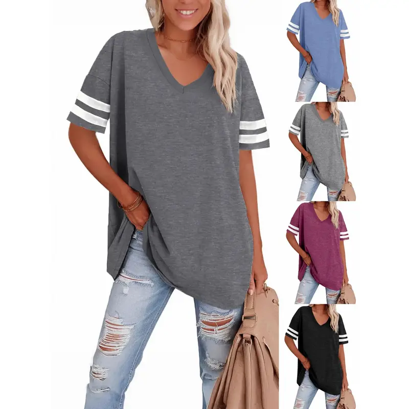 Plus Size Summer Women's Casual Striped Printed V-neck Short Sleeved T-shirt