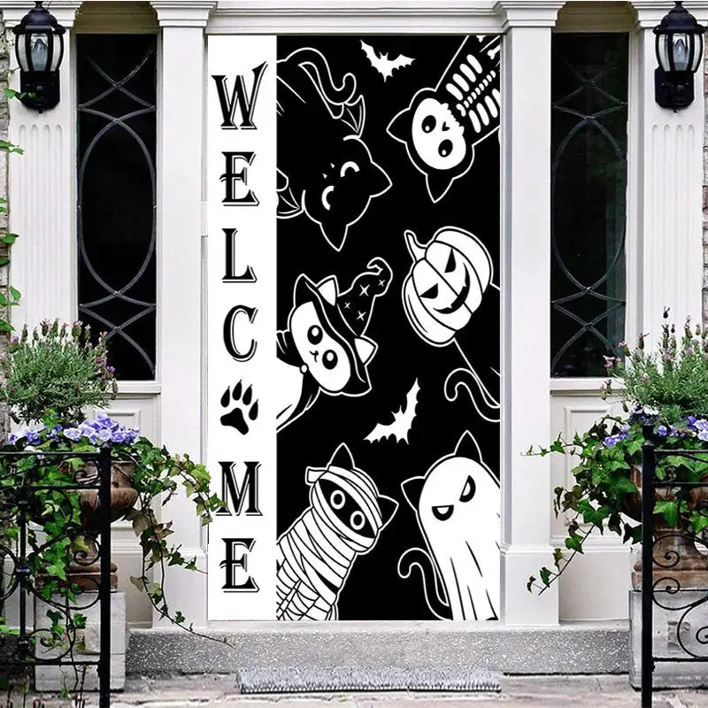 White Black Cats Halloween Welcome Home Door Cover