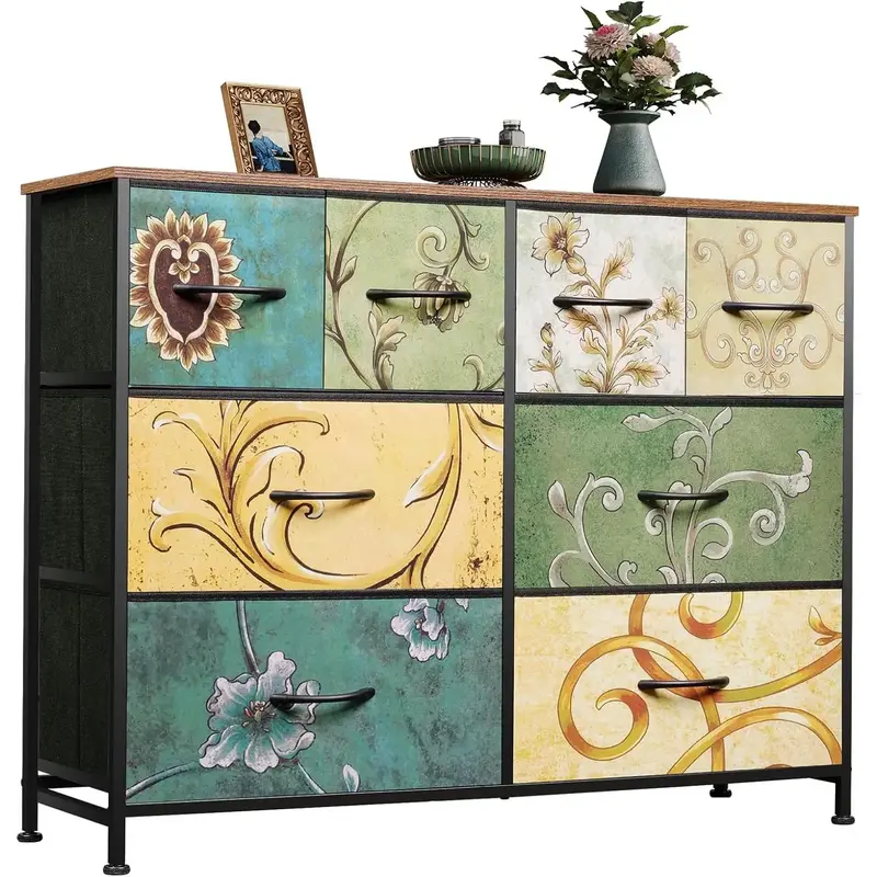 WLIVE 8-Drawer Floral Dresser | 39.4'' Wide Storage / Steel Frame & Adjustable Feet | Foldable Fabric Bins, Cabinets/Cupboard...