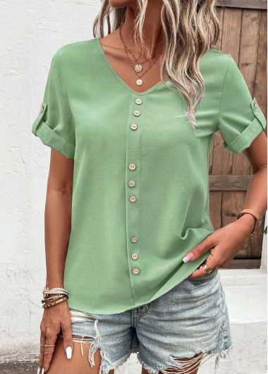 Modlily Green Button Short Sleeve V Neck T Shirt - L