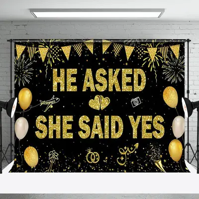 Gold Glitter He Asked She Said Yes Wedding Backdrop - Aperturee