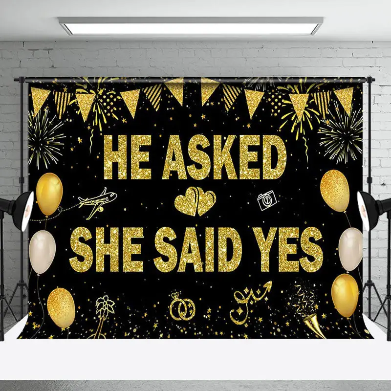 Gold Glitter He Asked She Said Yes Wedding Backdrop - Aperturee