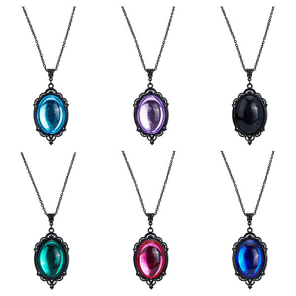 6Pcs 6 Colors Glass Oval Pendant Necklaces Set with Black Alloy Chains