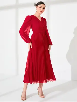 Women's Plain Flare Leg Chiffon Overlay Dress, Elegant Bishop Sleeve Ruffle Trim Long Dress for Party Holiday Wedding Guest, ...