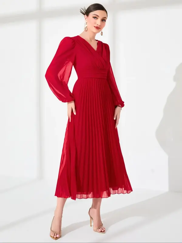 Women's Plain Flare Leg Chiffon Overlay Dress, Elegant Bishop Sleeve Ruffle Trim Long Dress for Party Holiday Wedding Guest, ...