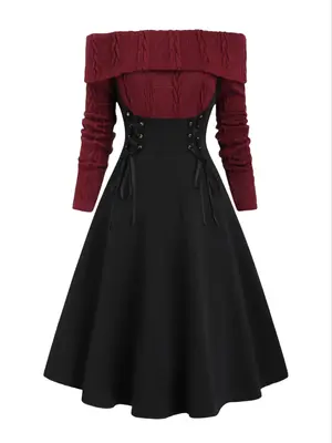 Women's Colorblock Off Shoulder Lace Up Sweater Dress, Elegant Long Sleeve A Line Dress for Party Holiday Wedding Guest, Wome...