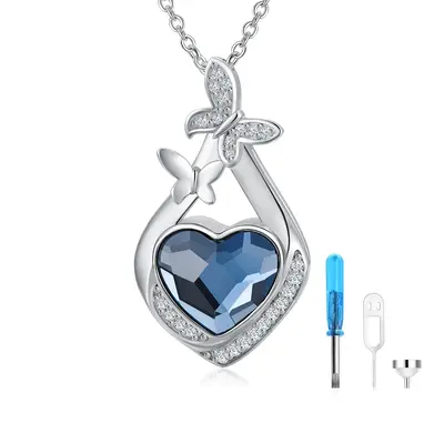 Sterling Silver Blue Heart Crystal Butterfly & Diamond Shaped Urn Necklace for Ashes