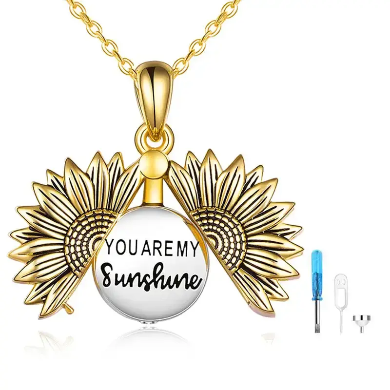 Sterling Silver Two-tone Sunflower Urn Necklace for Ashes with Engraved Word