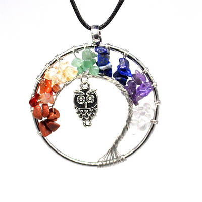 Natural & Synthetic Mixed Gemstone Chips Tree of Life Pendant Necklaces