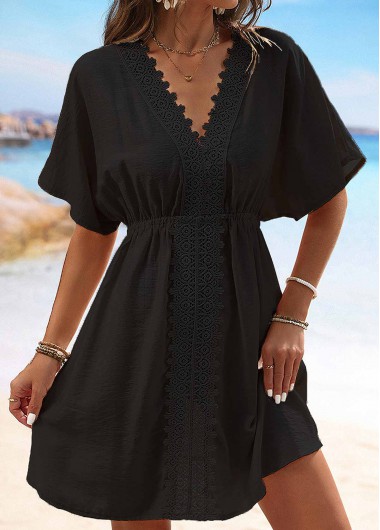 Modlily Embroidery Black V Neck Short Sleeve Cover Up - M