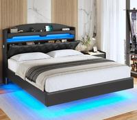 KD-Hot Selling, Floating Bed Frame with RGB LED Lights and Charging Station, Upholstered Platform Bed Frame with Storage Shel...
