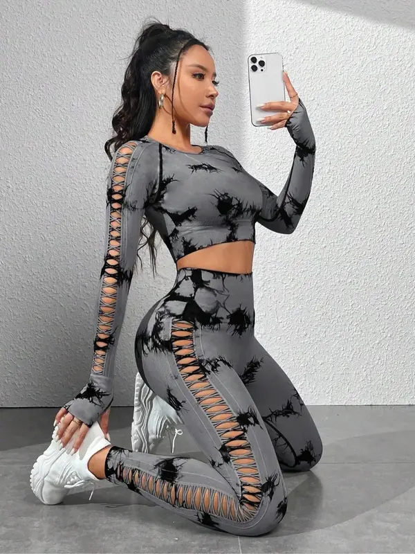 Two-piece Set Women's Tie Dye Print Hollow Out Long Sleeve Crop Tee & High Waist Leggings Tracksuit Set, Sporty Round Neck Ra...