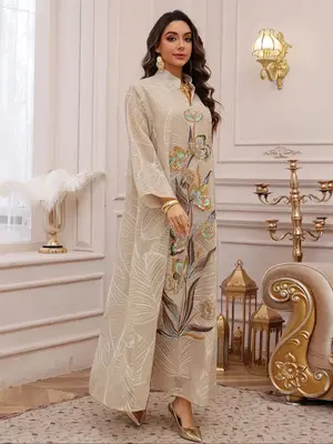 Ramadan Dubai Embroidered Sequin Long Dress, Loose-Fitting Modest Abaya for Muslim Women, All Seasons Jalabaya Party Wear