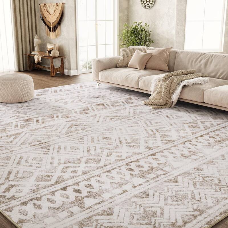MontVoo Jacquard Textured Area Rug, Boho Design, Modern Neutral Graphic, Machine Washable, Non-Slip & Easy-to-Care, Livi