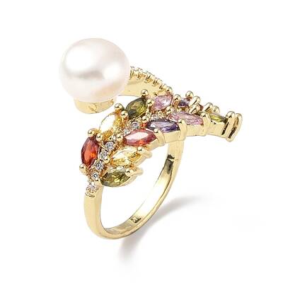 Colorful Cubic Zirconia Wheat with Natural Pearl Open Cuff Ring