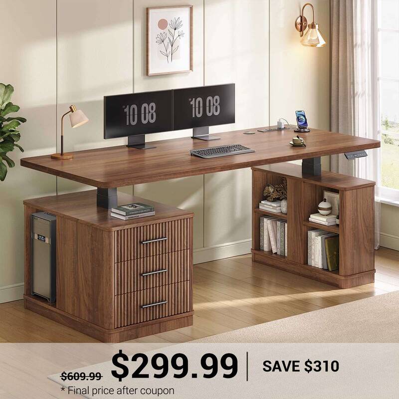 SEDETA ® 63 Inch Fluted Height Adjustable Standing Desk with 3 Drawers Electric Standing Desk with Storage Shelves Wood Home...