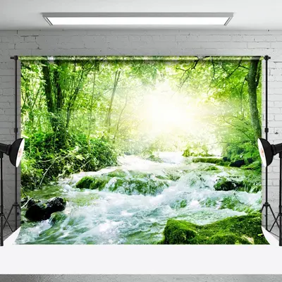 Flowing Water Green Trees Sunlight Spring Backdrop - Aperturee