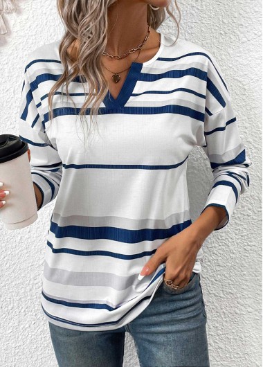 Modlily White Patchwork Striped Long Sleeve Split Neck T Shirt - XL
