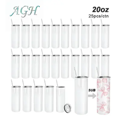 USA 25pcs 20oz Sublimation Straight Skinny Tumblers Bulk Heat Press Stainless Steel Vacuum Insulated Travel Mug with Lid stra...